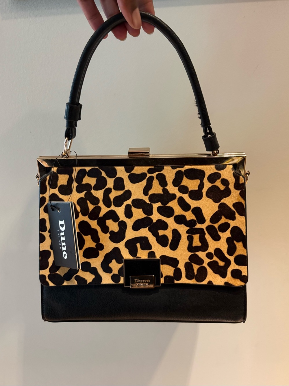 NWT Dune London Leopard Print Calf Hair Black Leather Satchel Bag